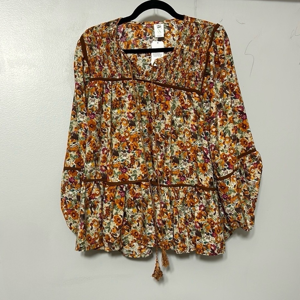 This & That Floral Smock Top Blouse with tassel ties Size XL